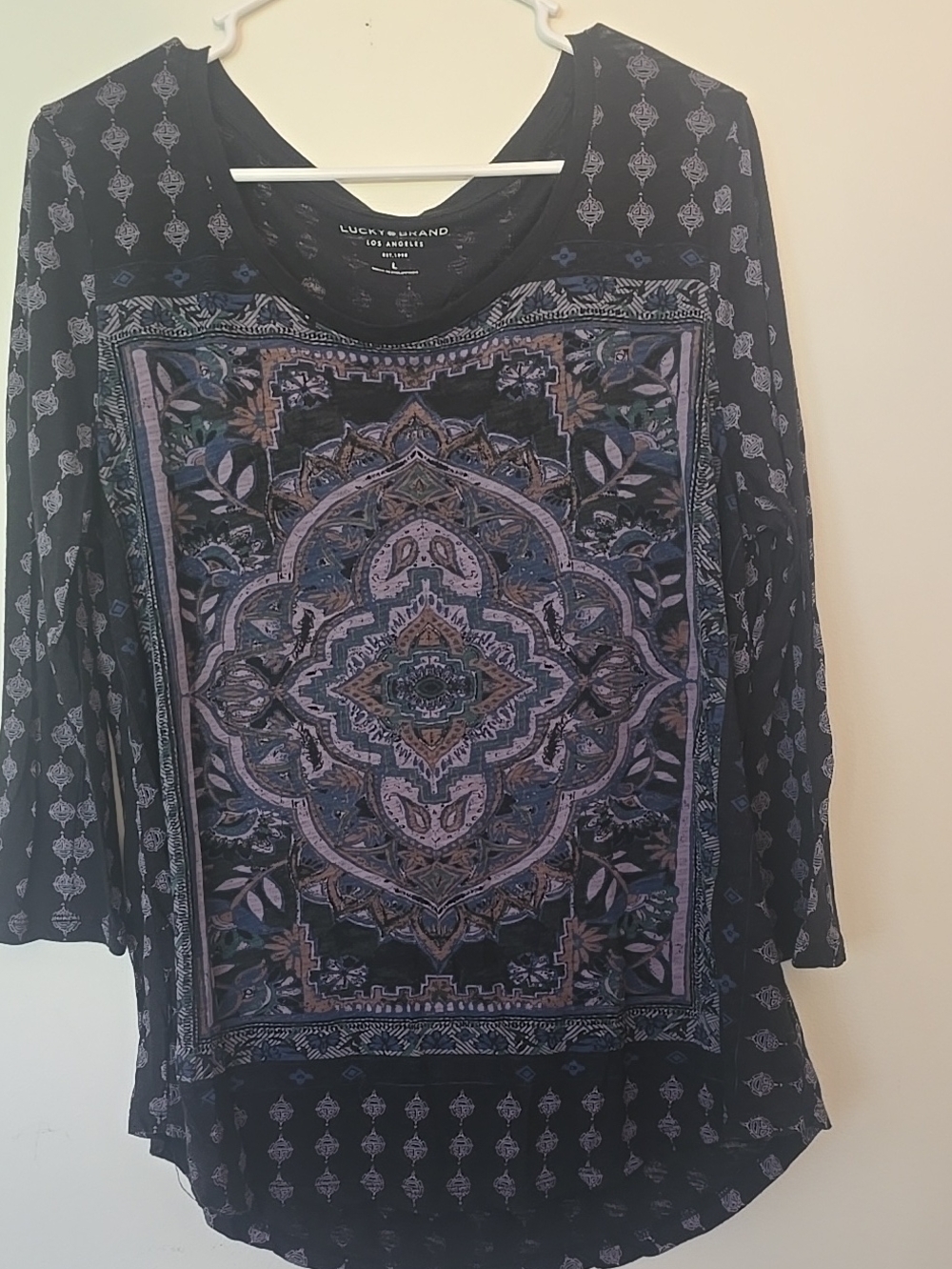 Lucky Brand Black Long-Sleeve Medallion Print Top